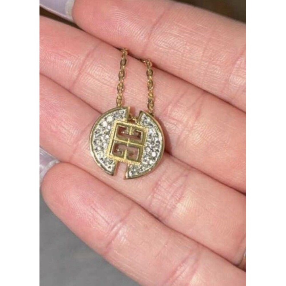GIVENCHY 4G Logo Rhinestone Gold Tone Pendant Pave Rhinestone Necklace Vintage
